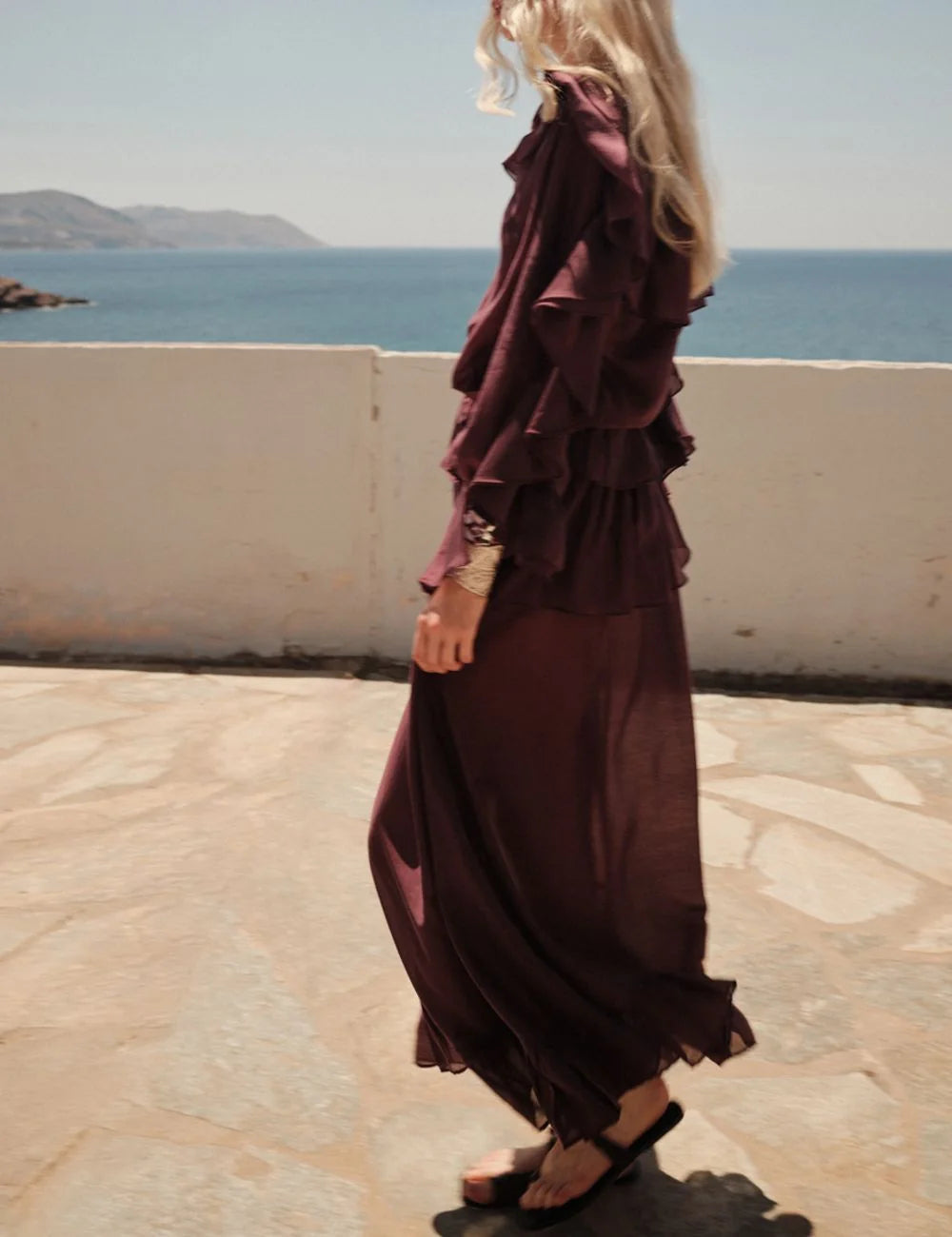 Devotion brown maxi skirt back view by the sea