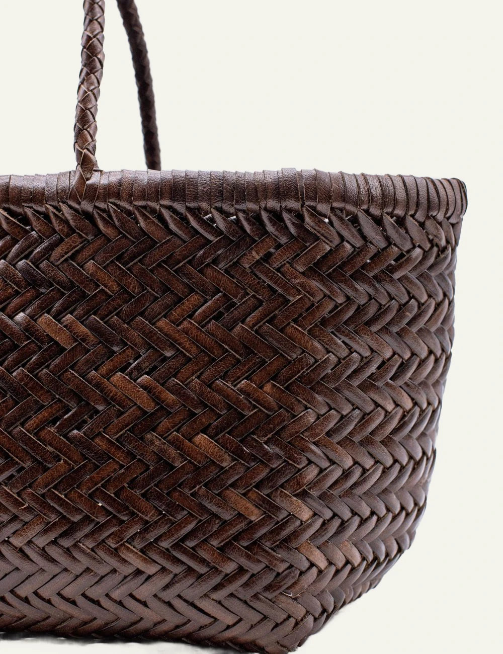 Dragon Diffusion woven leather basket bag in dark brown with chevron weave close up view
