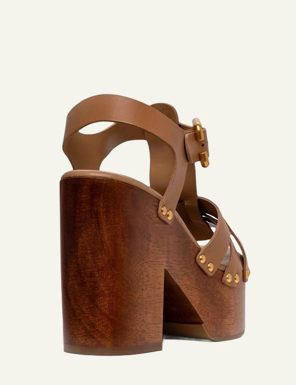 Carrano platform sandal leather beige wood heel studs back view