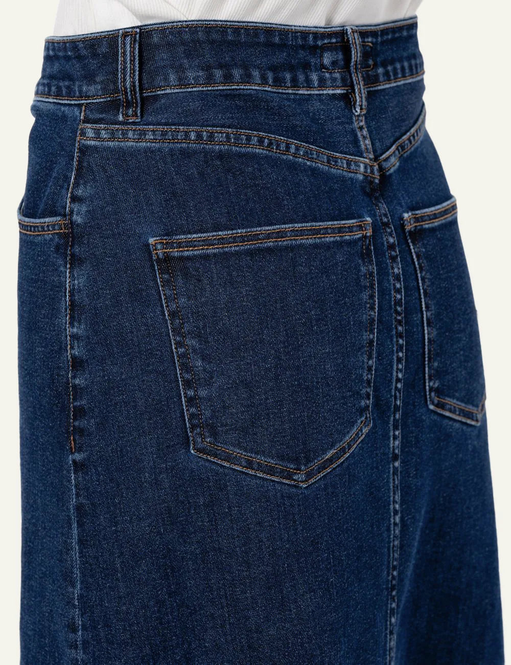 Philosophy mid-blue midi denim skirt with A-line silhouette, front button and zip fastening close up details