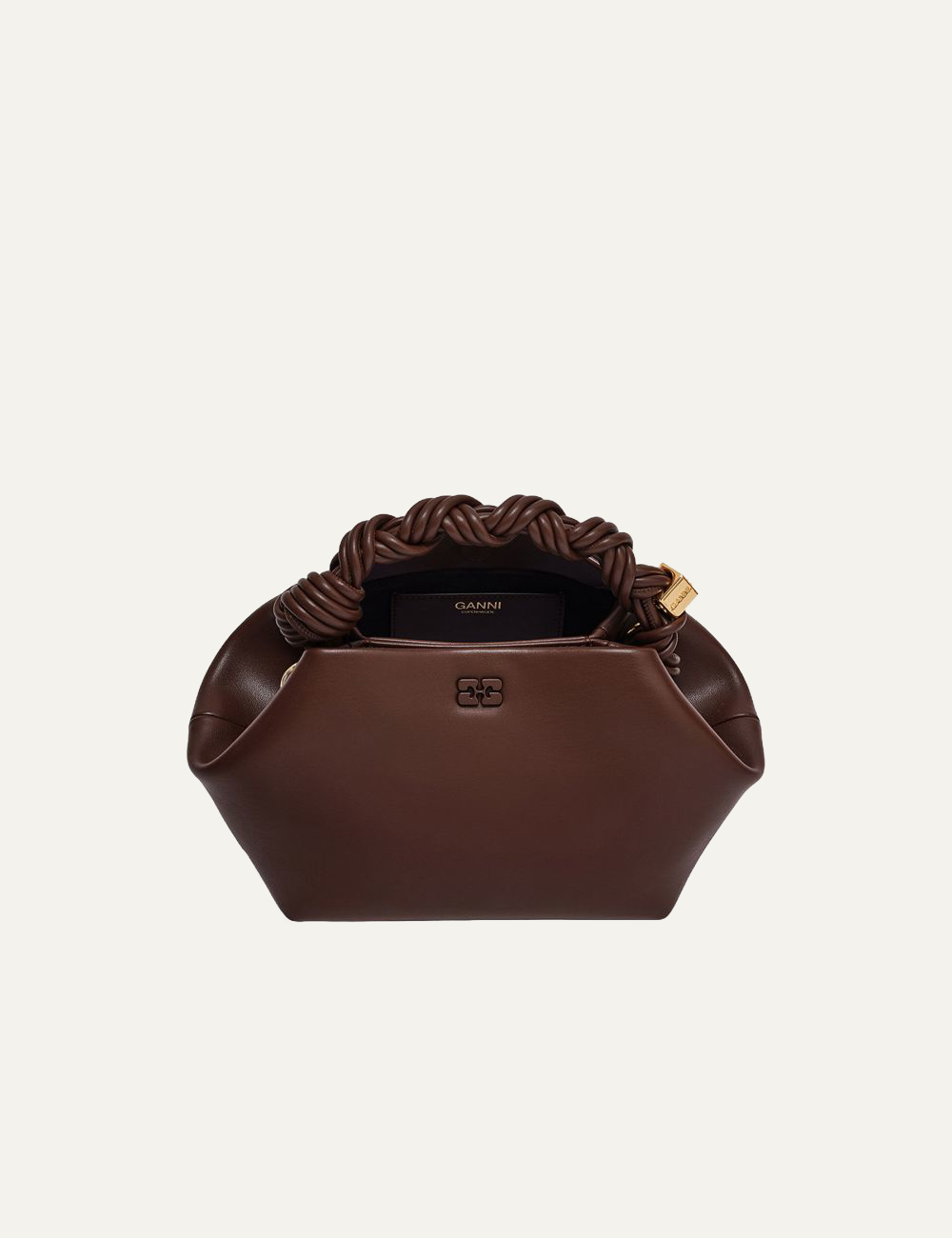 Open Ganni Bou Bag Small in chocolate fondant showing interior.