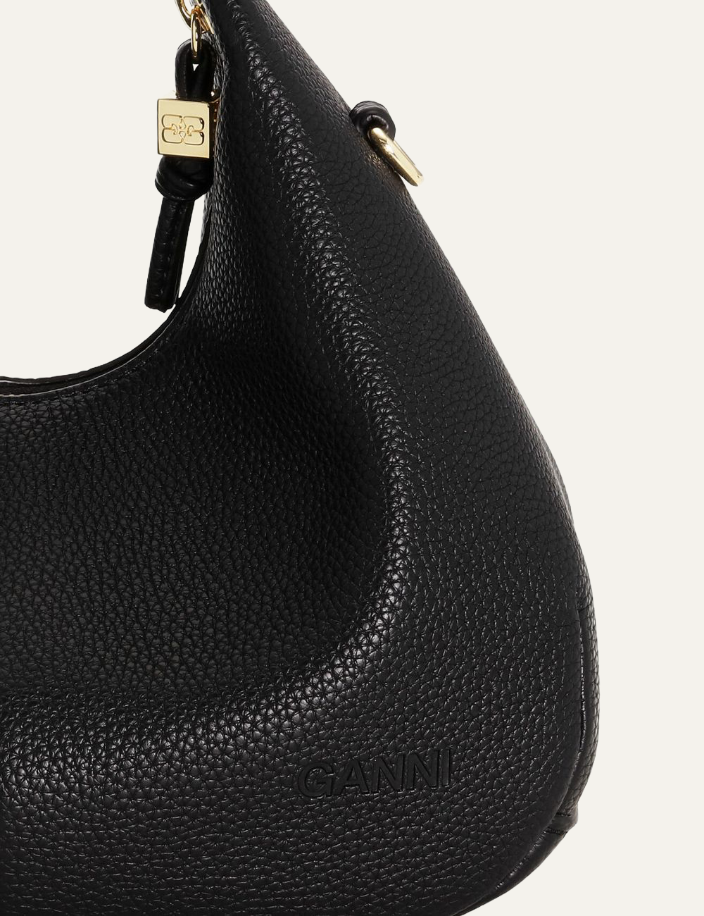 ganni hobo mini grained black bag braided tag detail