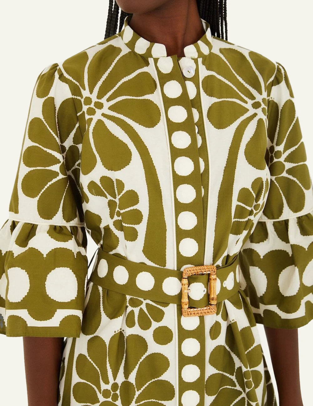 Farm Rio Floral Belted Dress Olive White Detail