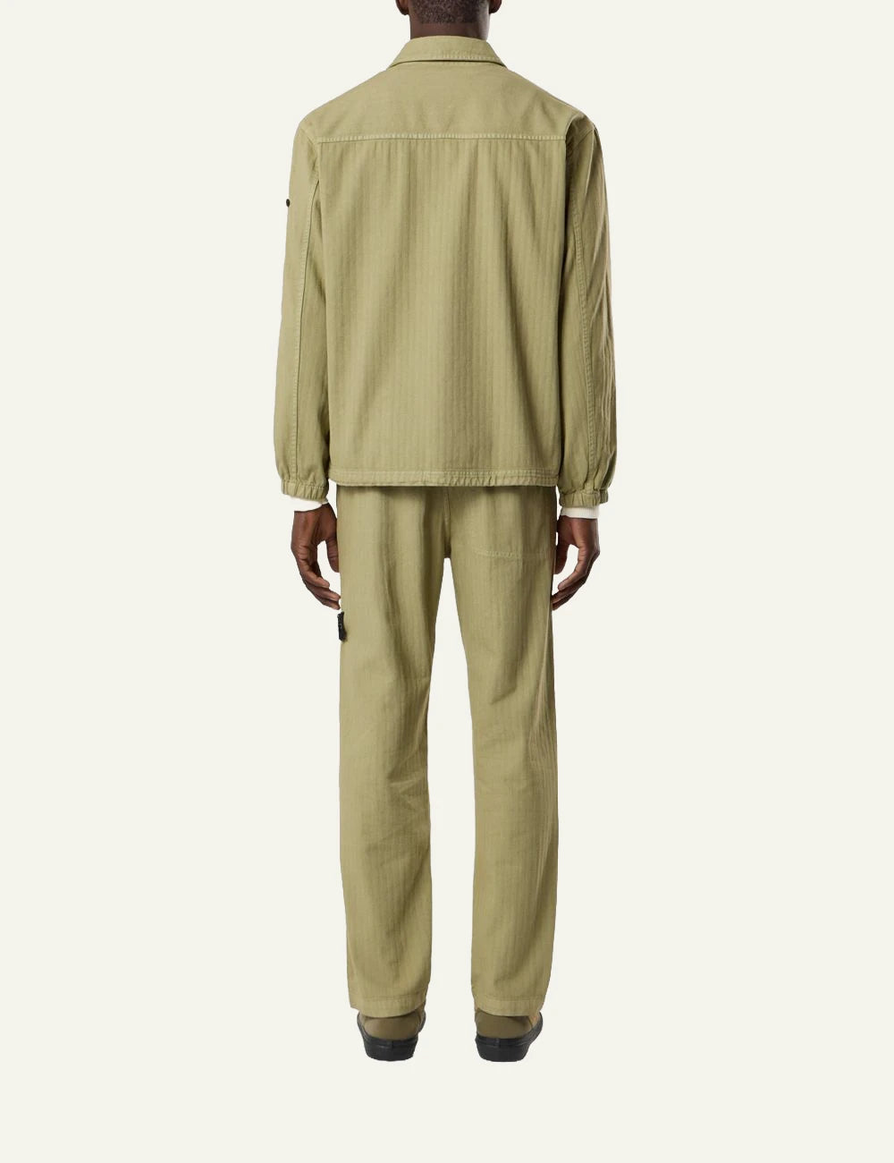 Men's Stone Island olive cotton herringbone chino trousers with Compass logo patch back