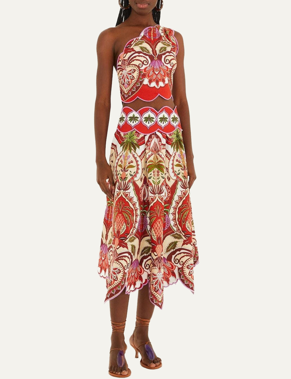 FARM Rio Red Odara Scallops top full look worn by model