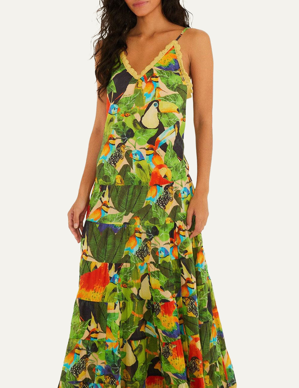 Farm Rio Bird Leaves long dress front view tropical print green multicolor