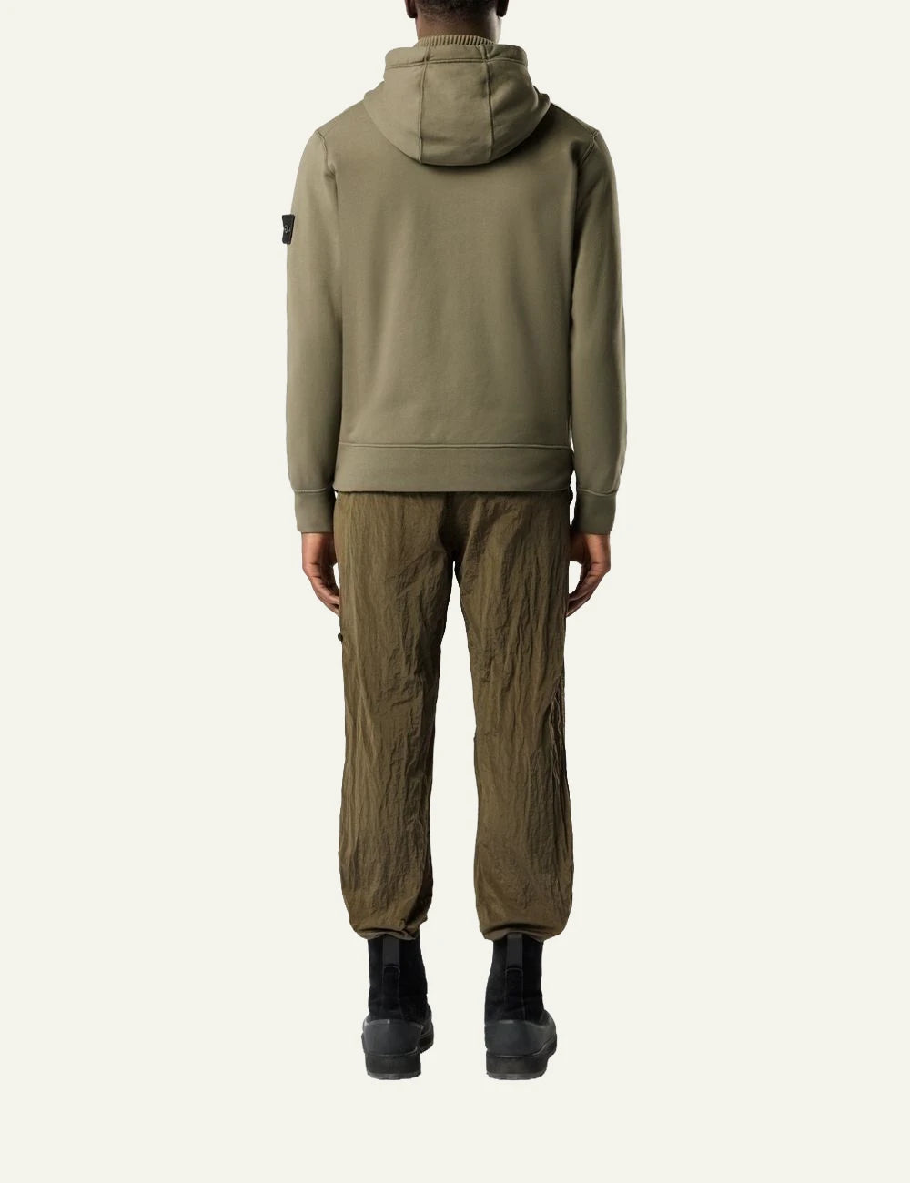 Men's Stone Island khaki organic cotton zip-up hooded sweatshirt with Compass logo patch back