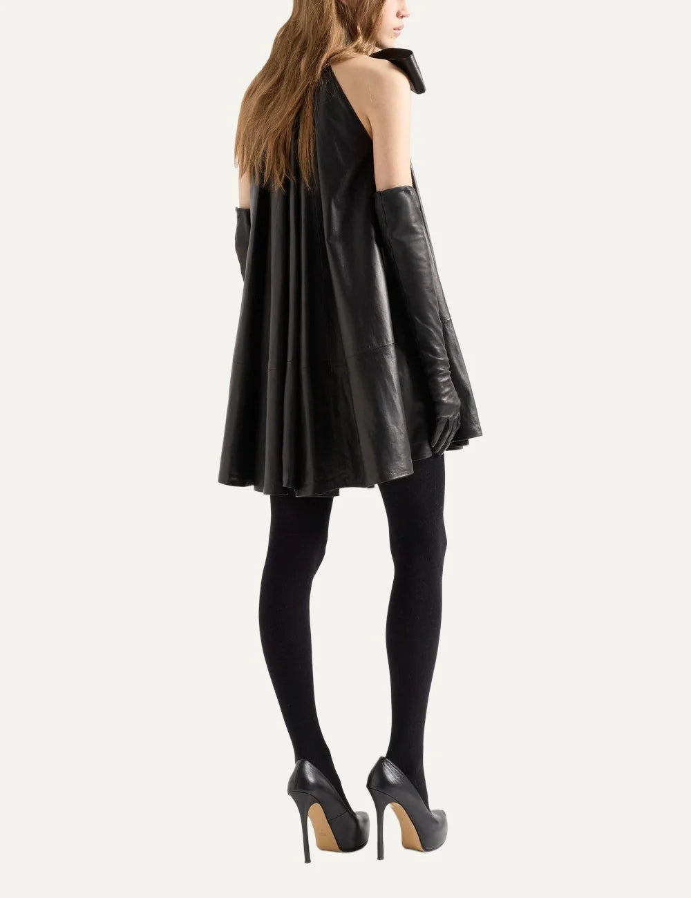 7 For All Mankind women black leather-look sleeveless mini dress with neck tie and frilled hem back
