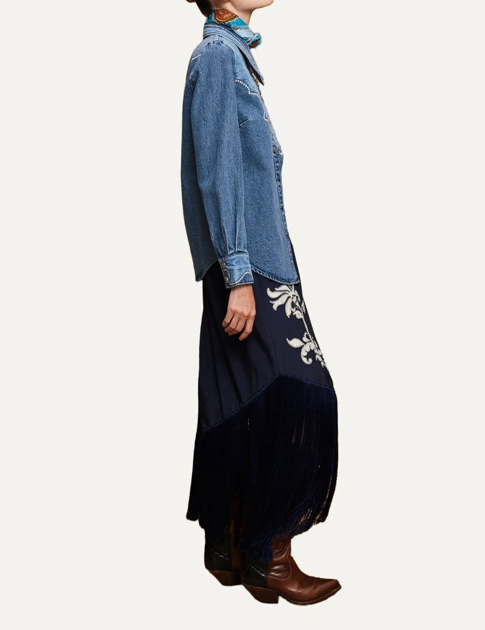 Alemais women's blue cotton denim patchwork shirt with embroidery side