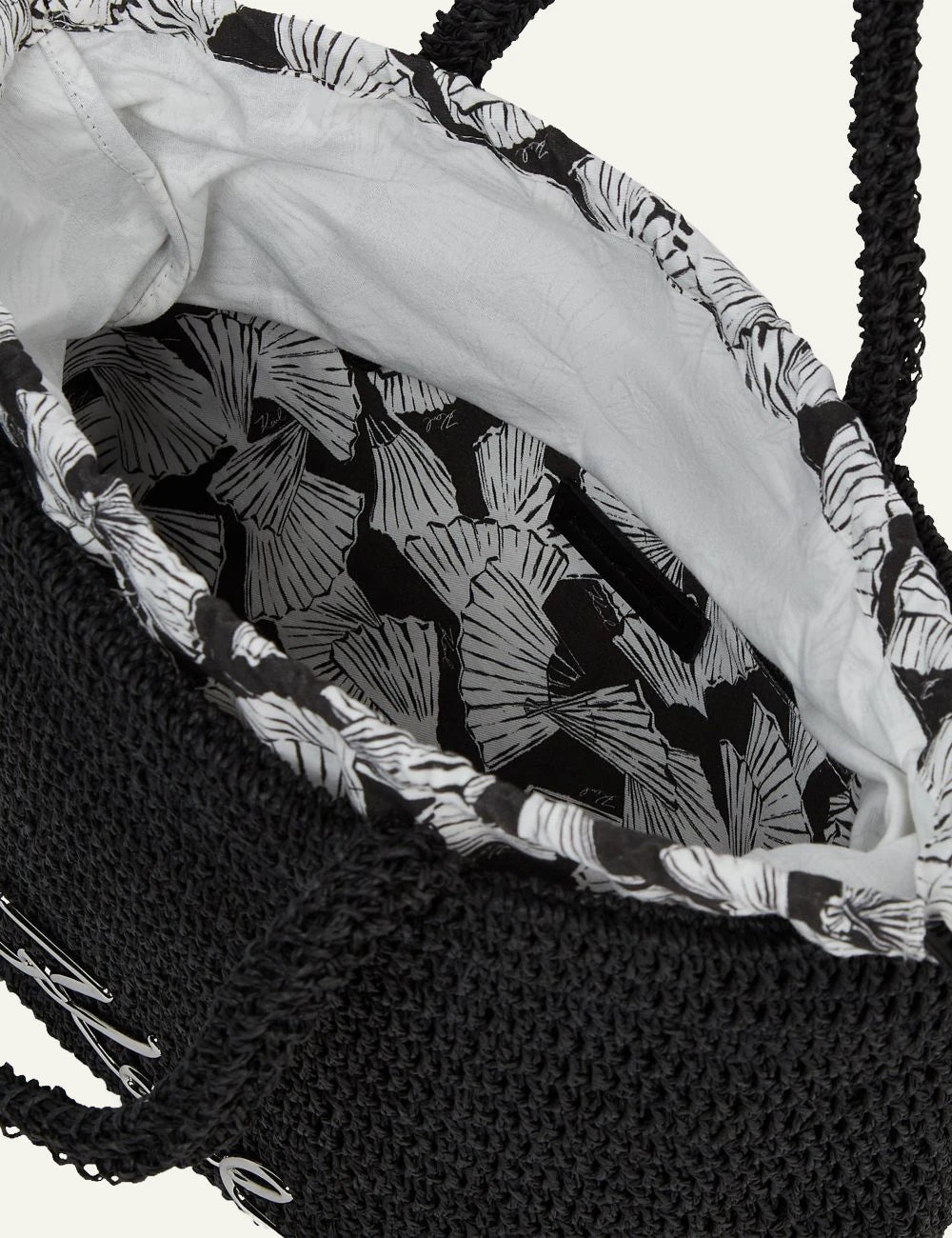 Karl Lagerfeld K/Signature crochet beach bag interior lining detail, black raffia bag