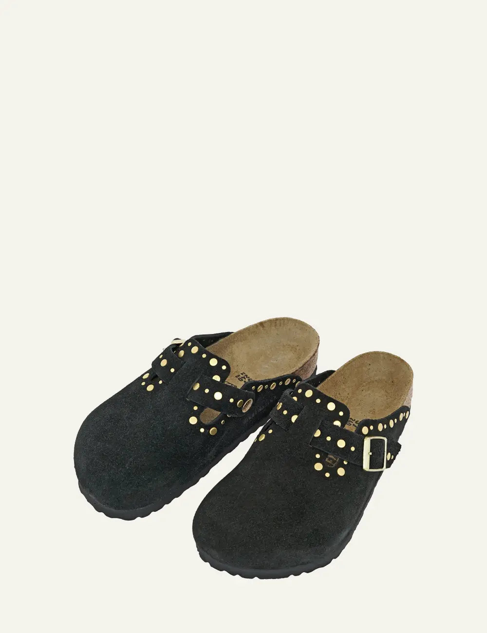 Birkenstock Boston black suede clogs με stud embellishments και buckle, top-angle view.