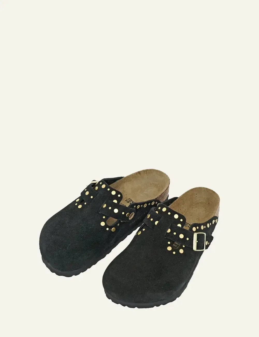 Birkenstock Boston black suede clogs με stud embellishments και buckle, top-angle view.