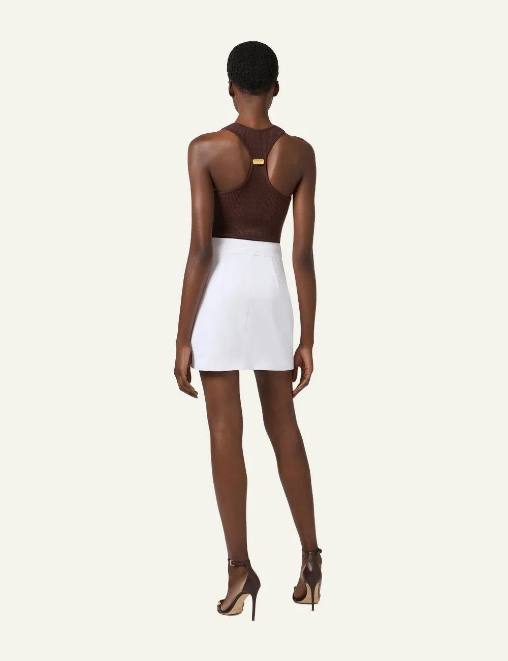 Back view of Elisabetta Franchi cacao knit top with racerback cut και gold logo plaque.