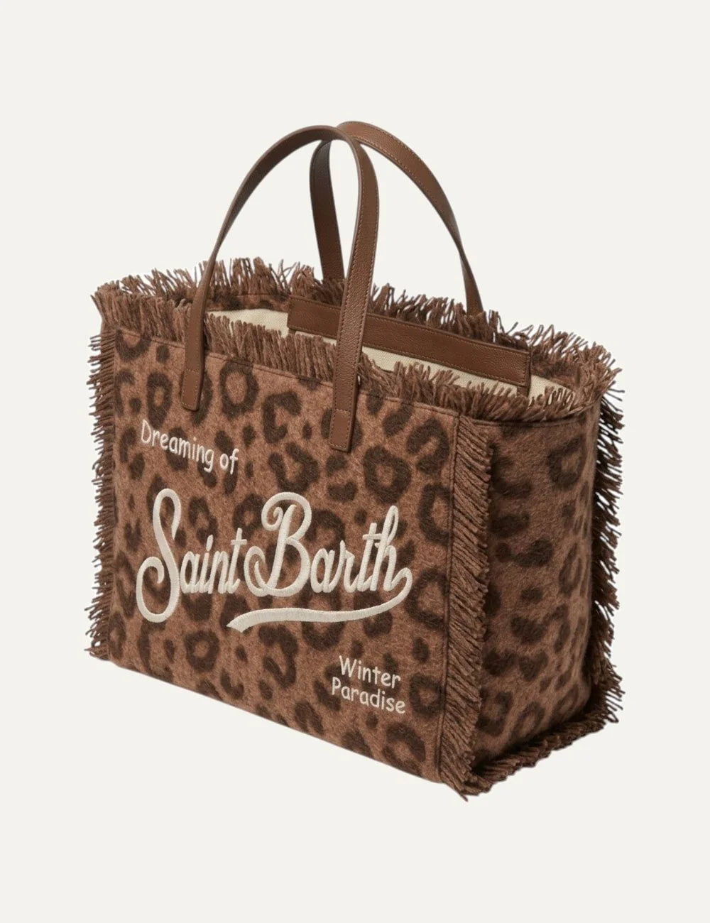 Women's MC2 Saint Barth Colette Felt shopper bag in brown leopard print with fringed edges, embroidered Dreaming of Saint Barth lettering and long handles side
