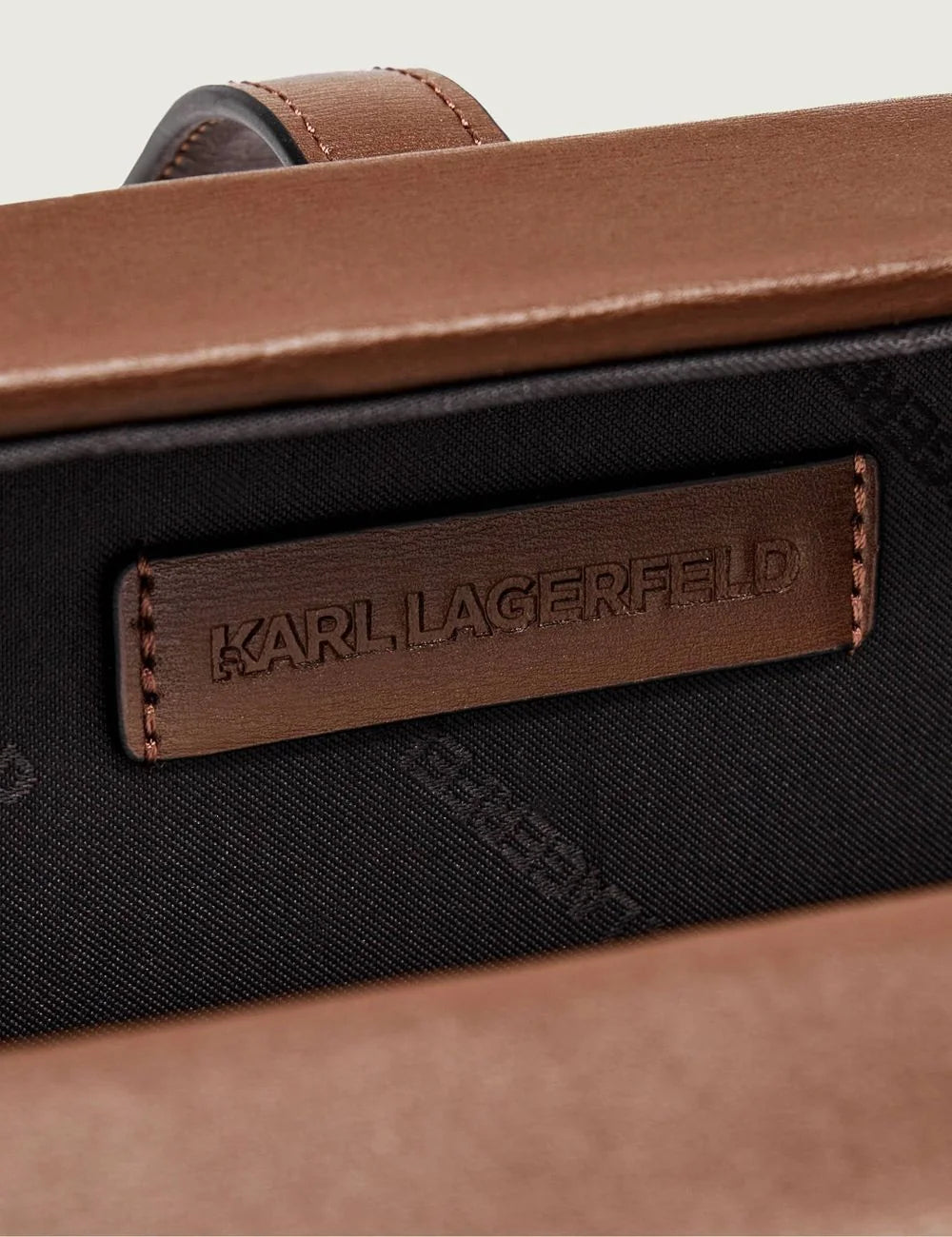 Karl Lagerfeld brown trunk bag interior logo detail