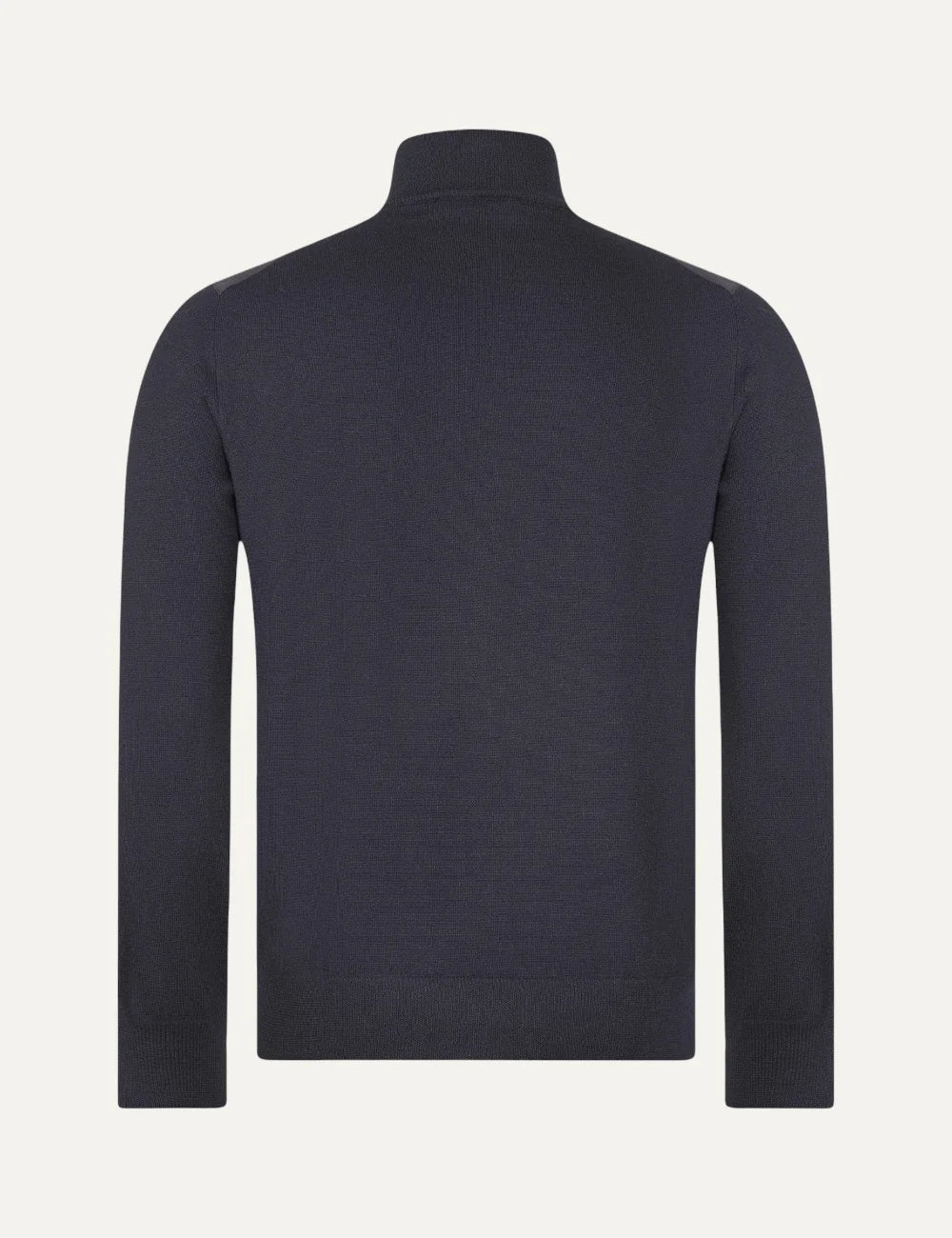 Men's Gran Sasso navy blue wool zip-up jacket with Alcantara front panel, stand collar and ribbed cuffs, back view