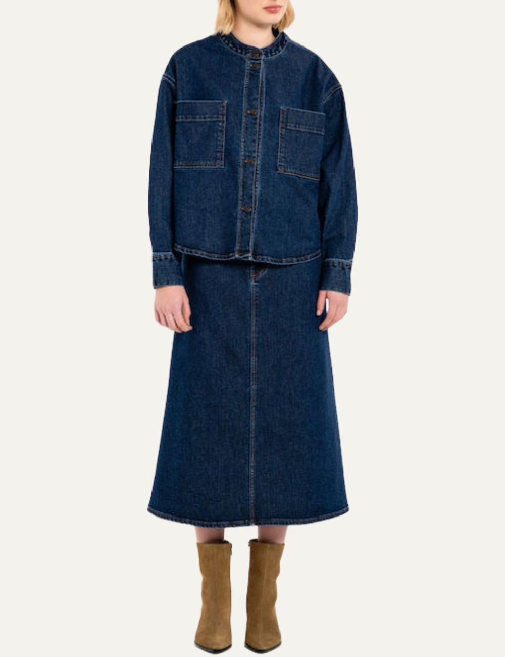 Philosophy mid-blue cropped denim jacket with round neckline, button closure and large front patch pockets front view on model full body