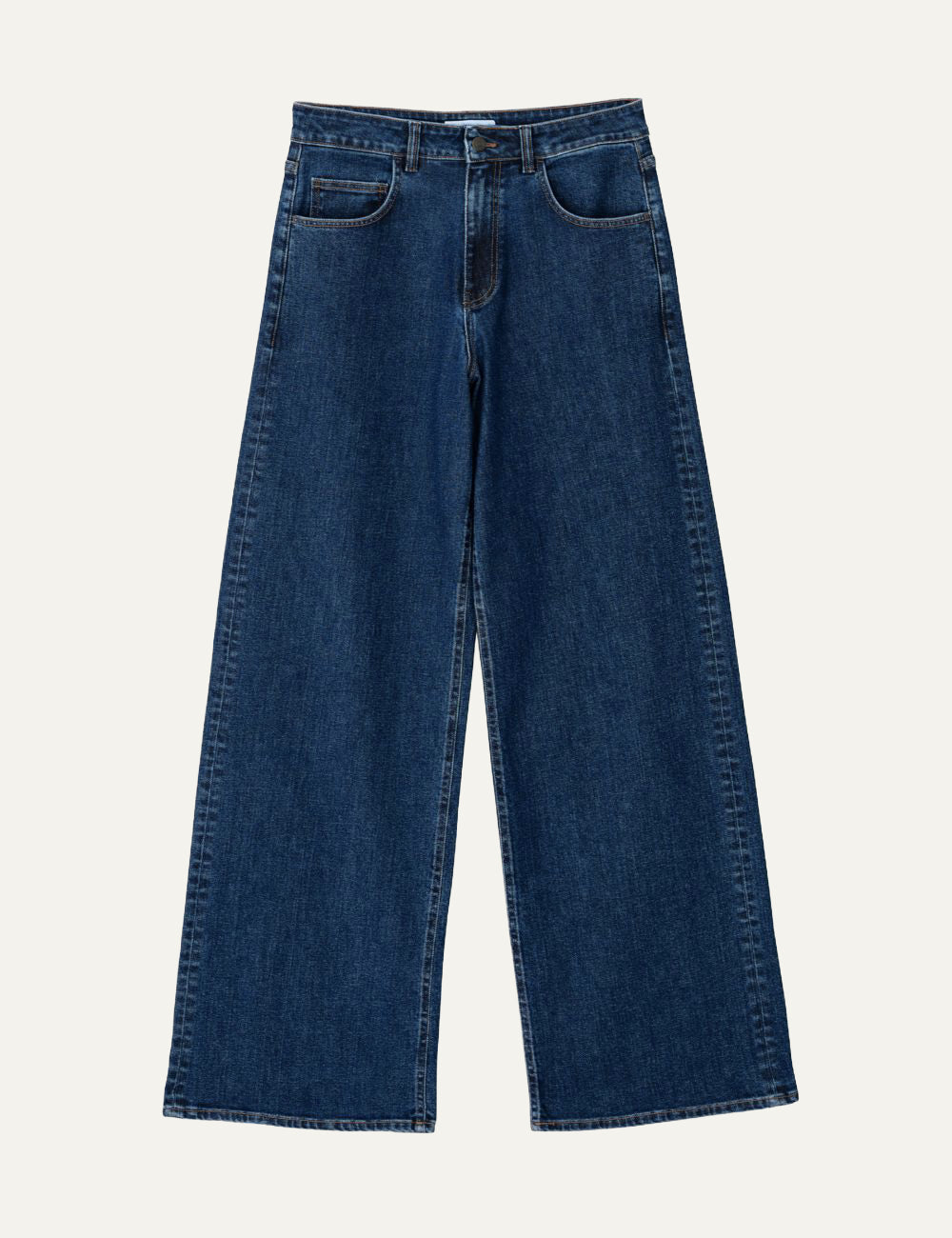 Philosophy mid-blue wide leg denim jeans with long length and classic button-and-zip closure product view