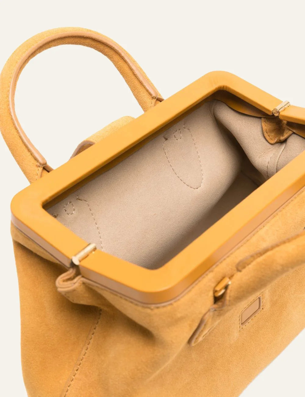 SCHELL yellow suede tote bag top view interior detail with flap closure