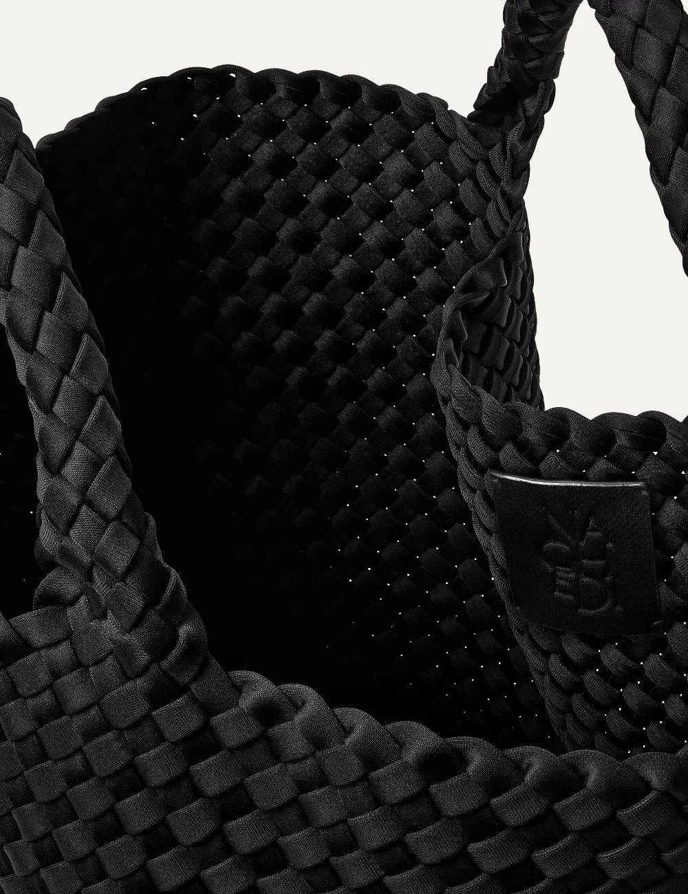 Women's Naghedi St. Barths Medium Tote in true black handwoven neoprene with woven handles interior view