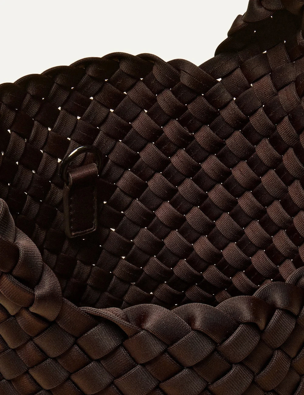 Women's Naghedi St. Barths Petit Tote in dark chocolate brown handwoven neoprene with detachable crossbody strap interior view