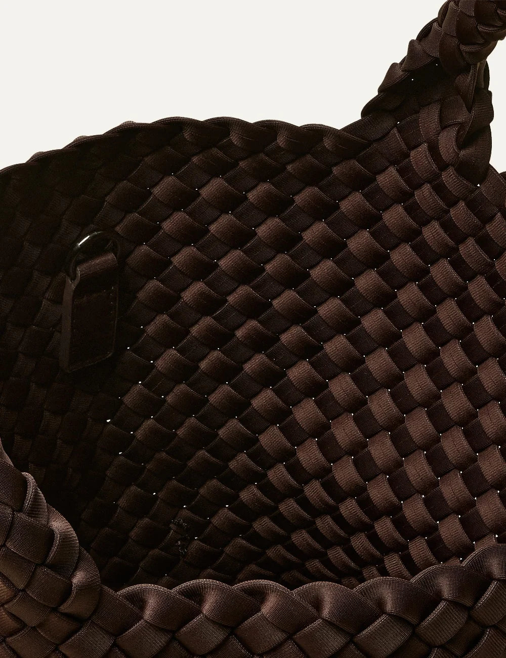 Women's Naghedi St. Barths Small Tote in dark chocolate brown handwoven neoprene with top handles and adjustable crossbody strap interior view