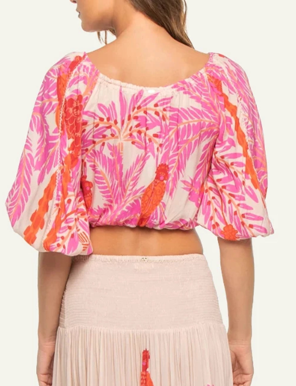 Poupette St Barth Bova crop top scoop neck puff sleeve pink tropical print back view