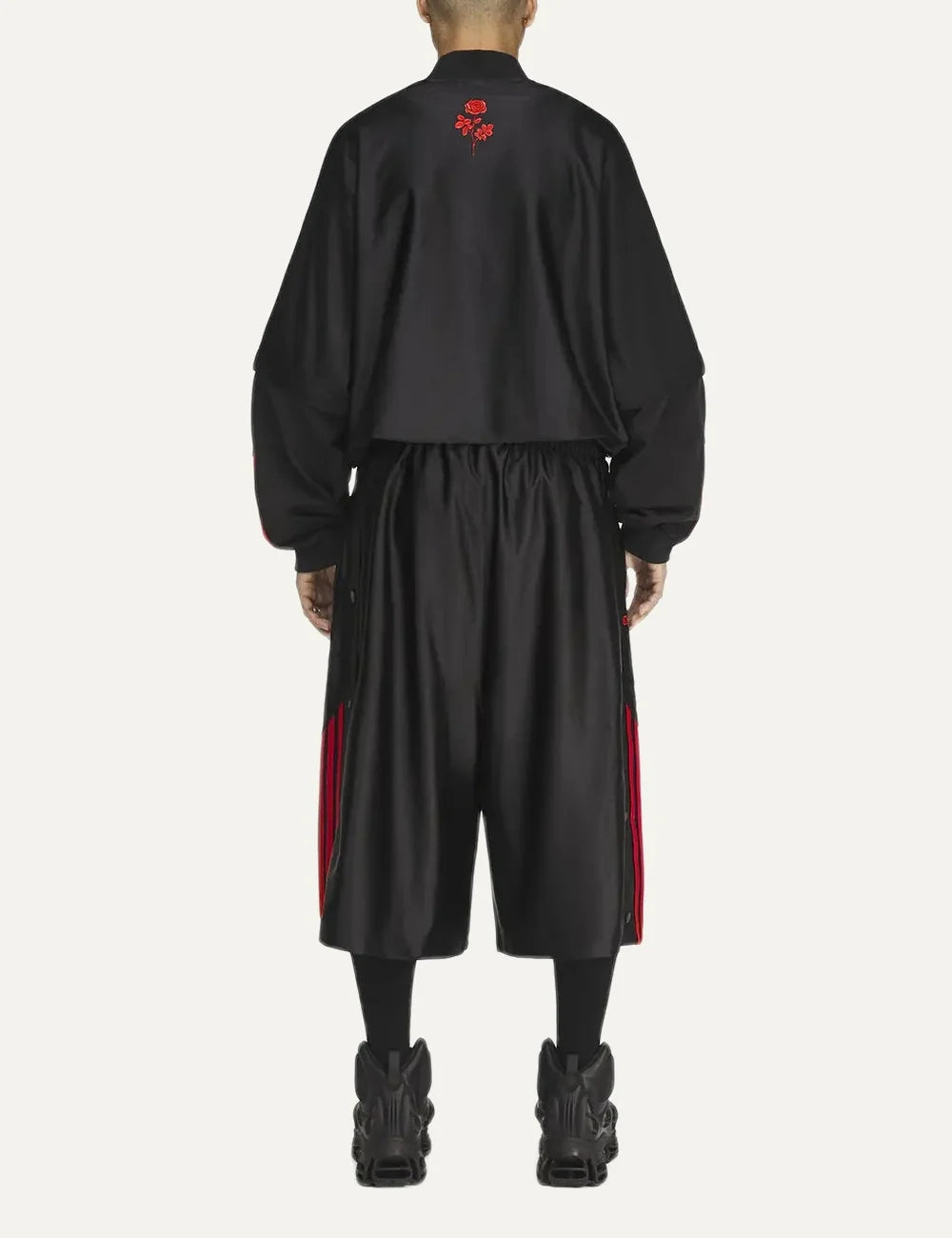 Men's adidas x Willy Chavarria black dazzle shorts with red stripes and embroidered logos back