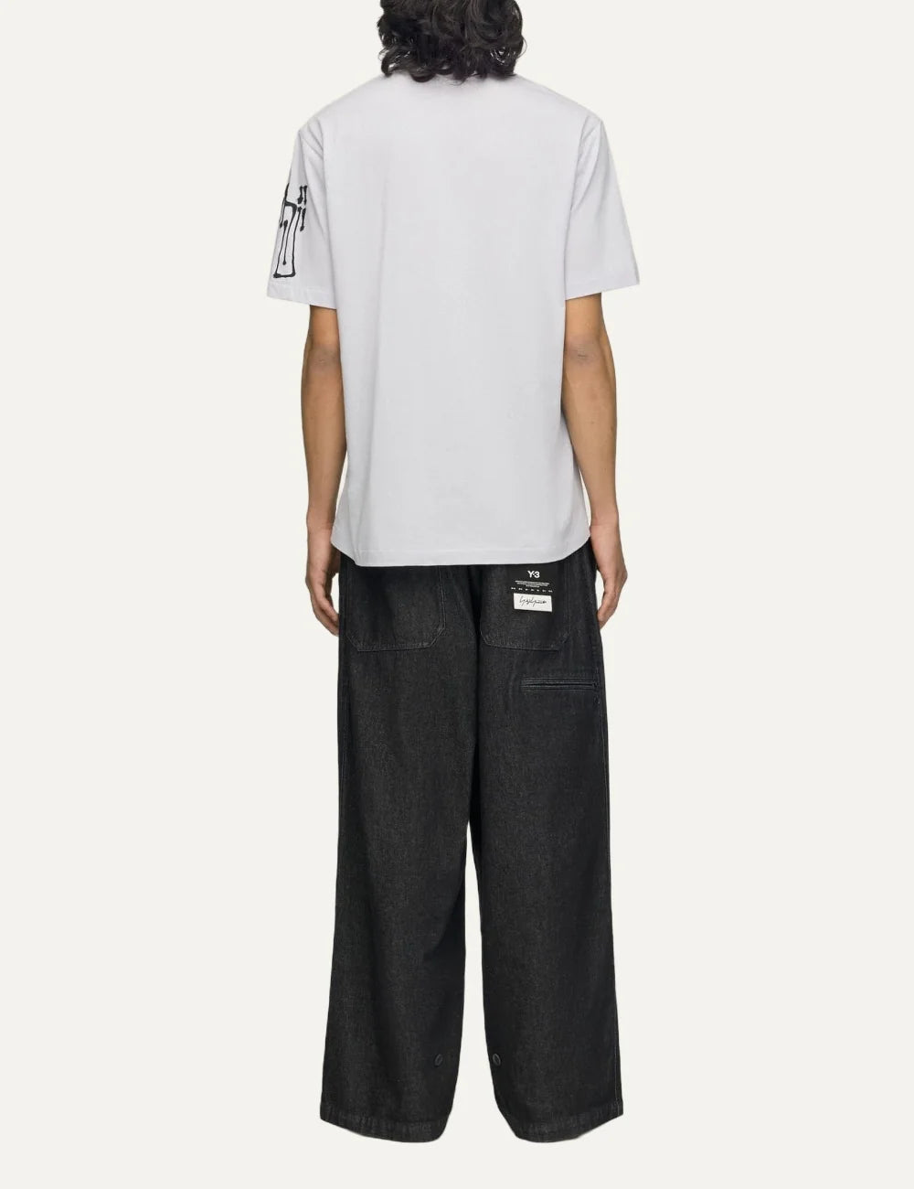 Y-3 men's light grey cotton T-shirt with graphic print back