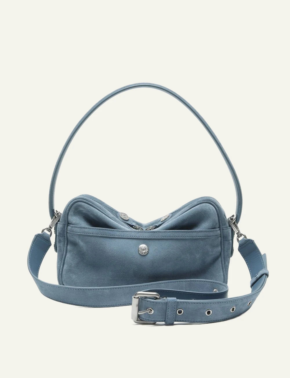 Acne Studios light blue suede shoulder bag with multiple zip pockets and silver-tone hardware back flat view