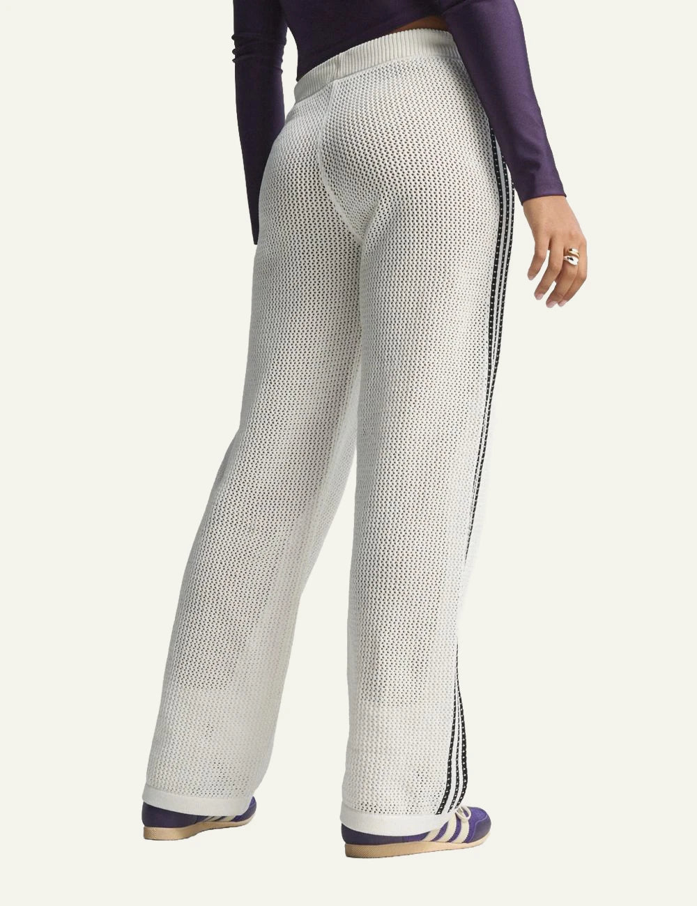 Adidas Firebird knit pants off white mesh stripes wide leg back view