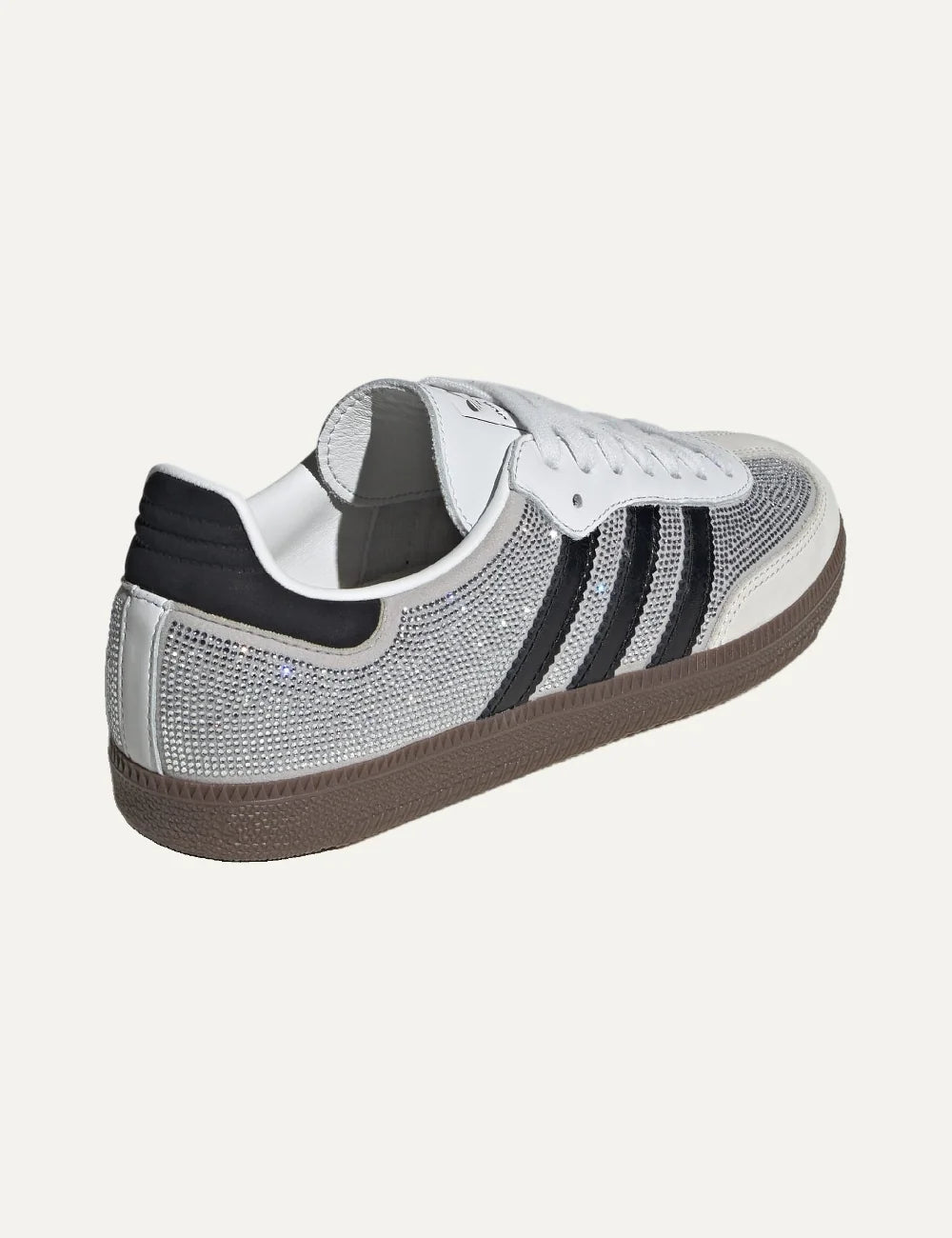 adidas Originals women Samba OG Crystal White sneakers with Silver Metallic rhinestone details, black 3-Stripes and gum sole back
