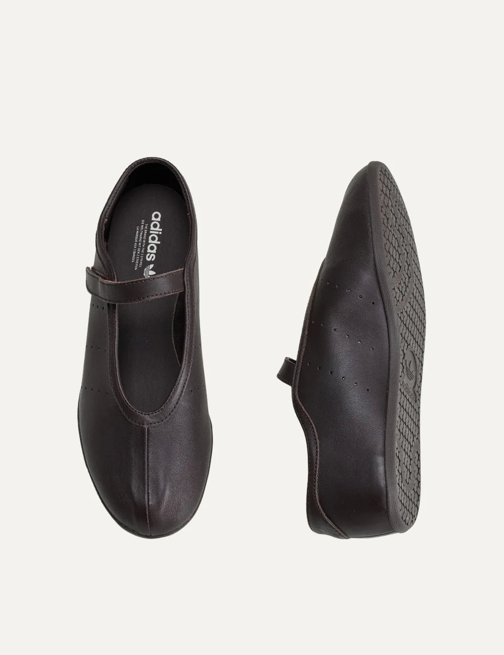 Adidas Originals Stan Smith Lo brown leather ballet flats with perforated side details, Mary Jane hook-and-loop strap and flat rubber sole top