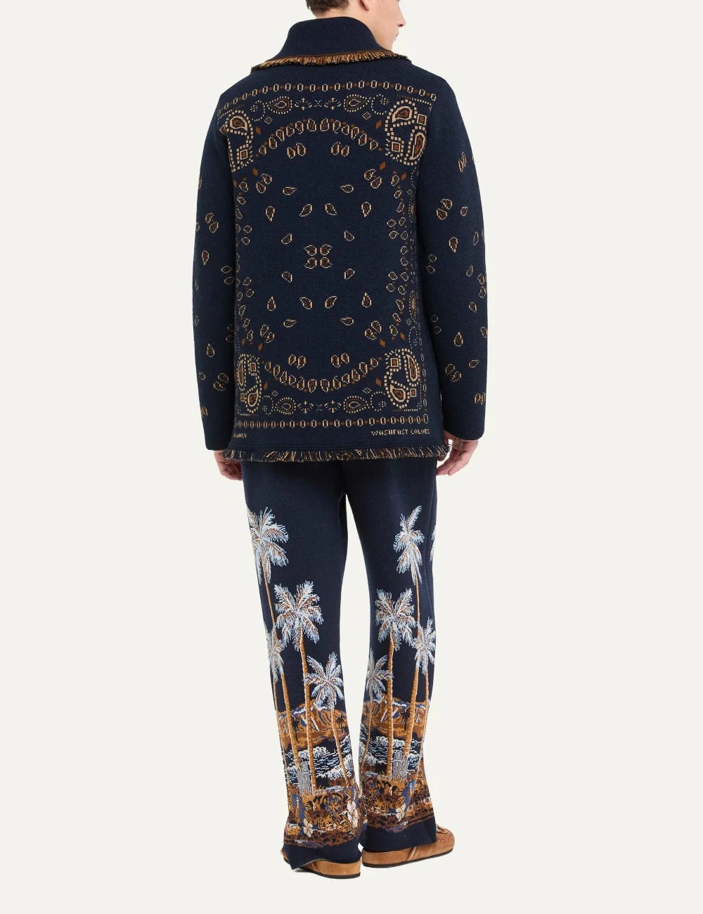 Alanui men Bandana Jacquard navy blue cashmere cardigan with brown pattern and fringed edges back