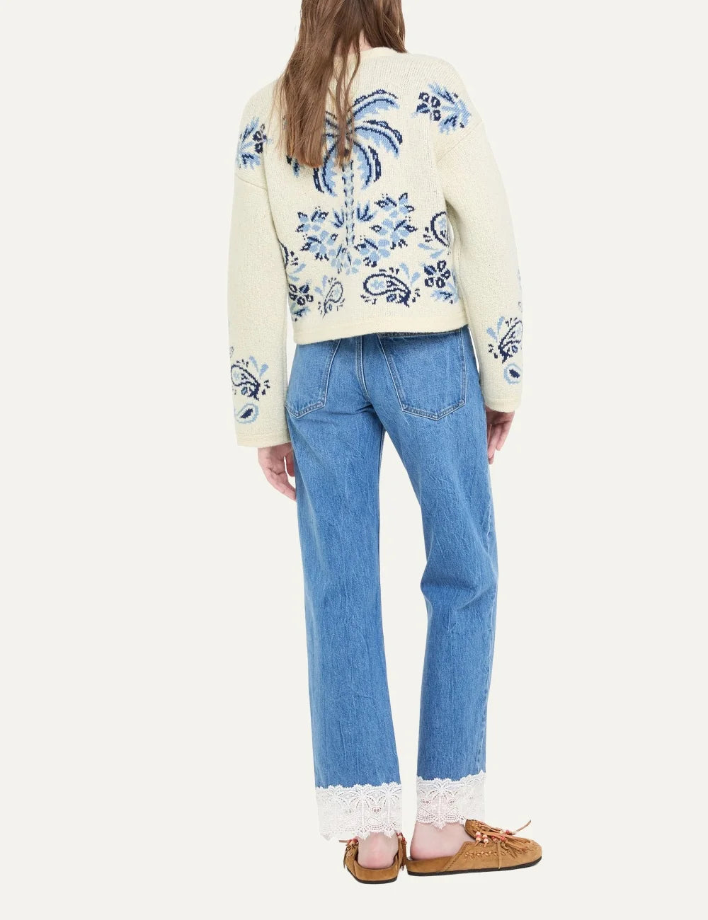 Alanui women Island Roots Foulard ecru wool cashmere cardigan with blue paisley jacquard pattern back