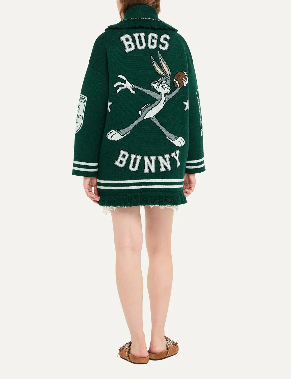 Alanui women Looney Tunes Sporty Bugs Bunny and Sylvester green virgin wool jacquard cardigan back