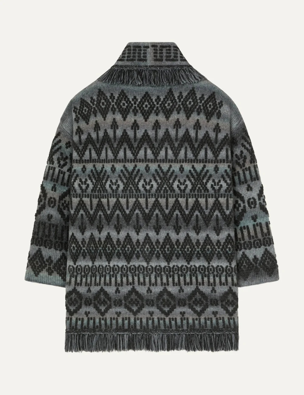 Alanui women Time To Shine grey geometric jacquard cardigan with fringed edges and tie belt back