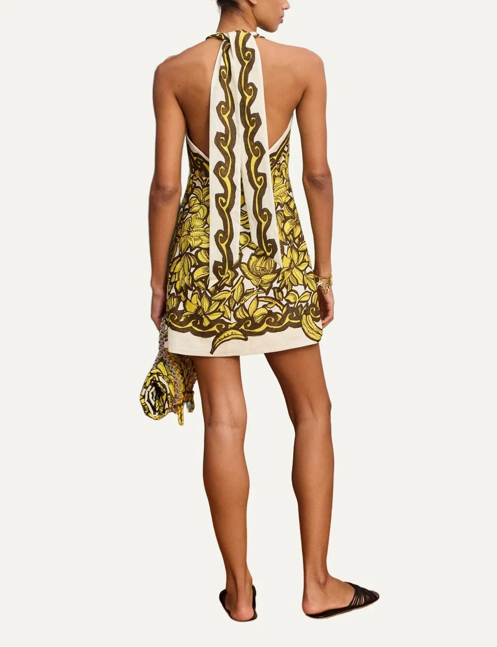 ALEMAIS women cream yellow floral banana print hemp halter mini dress back