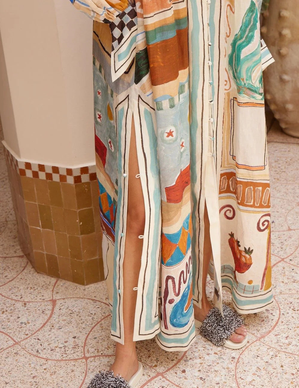 Alemais Michelle midi shirtdress slit detail patterned fabric