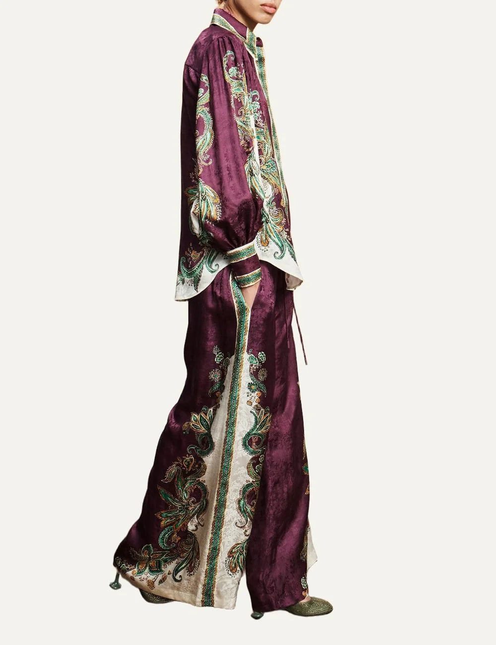 ALEMAIS women burgundy wide leg jacquard pants with botanical paisley print side