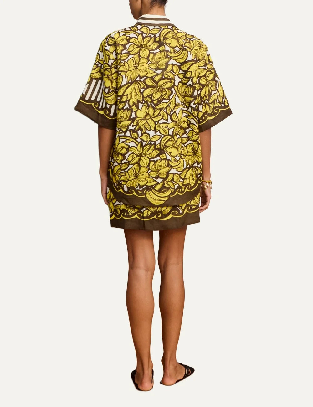 ALEMAIS women brown yellow hemp mini wrap skirt with floral and banana print back