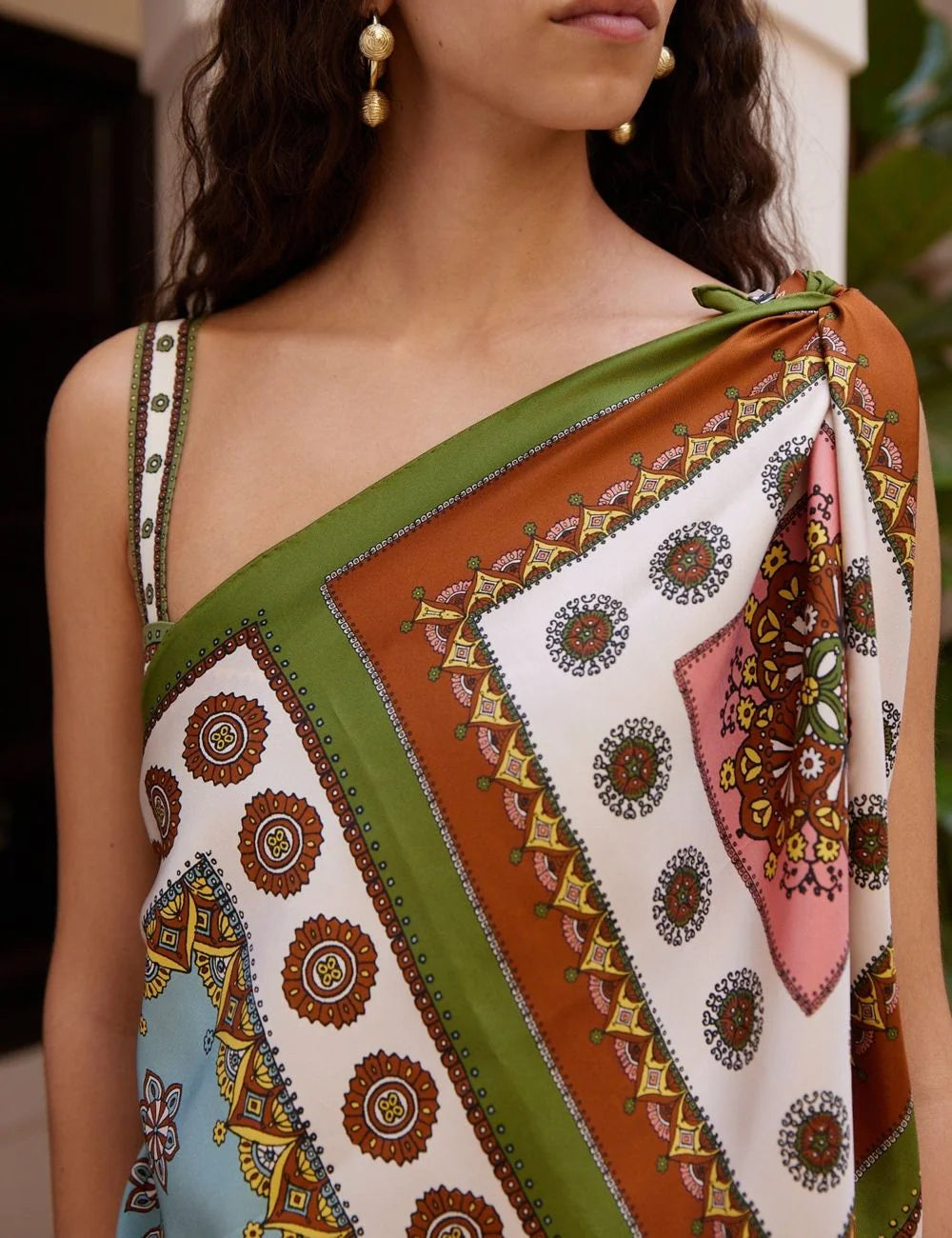 Alemais Contina Tiles silk scarf detail close up draped on shoulder