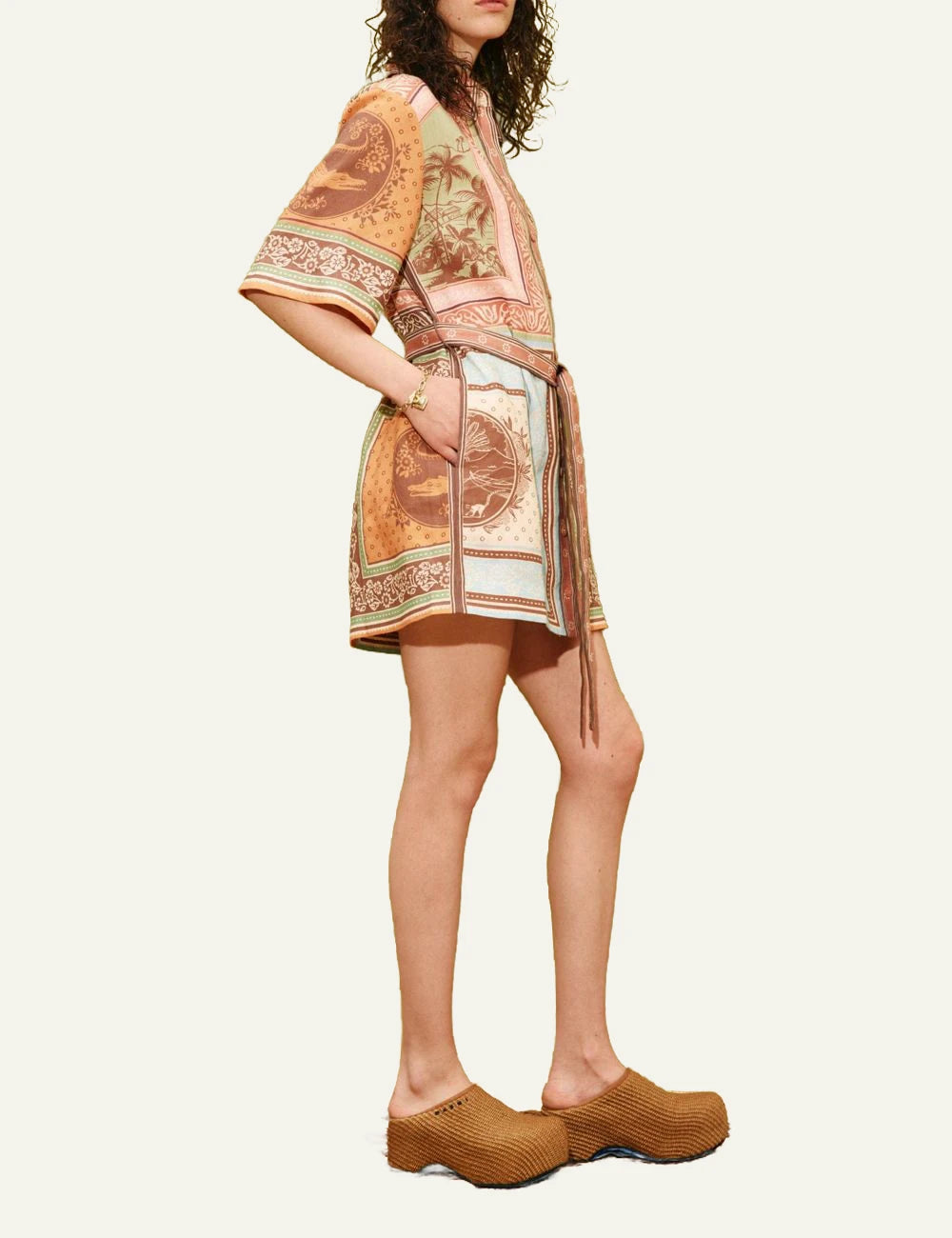 Alemais Alberta mini shirtdress linen print multi colour side model view