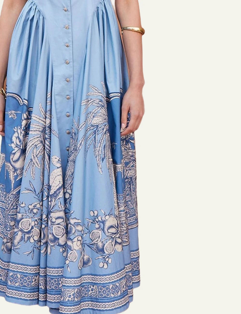 Alemais blue midi dress toile print square detail front view