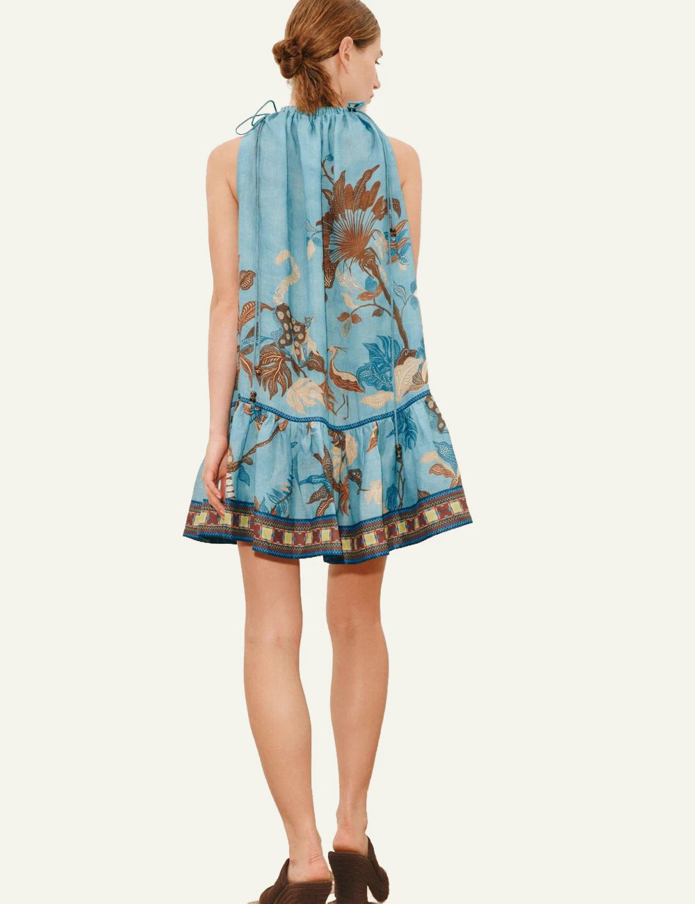 alemais georgie mini dress ramie tropical print blue model back view
