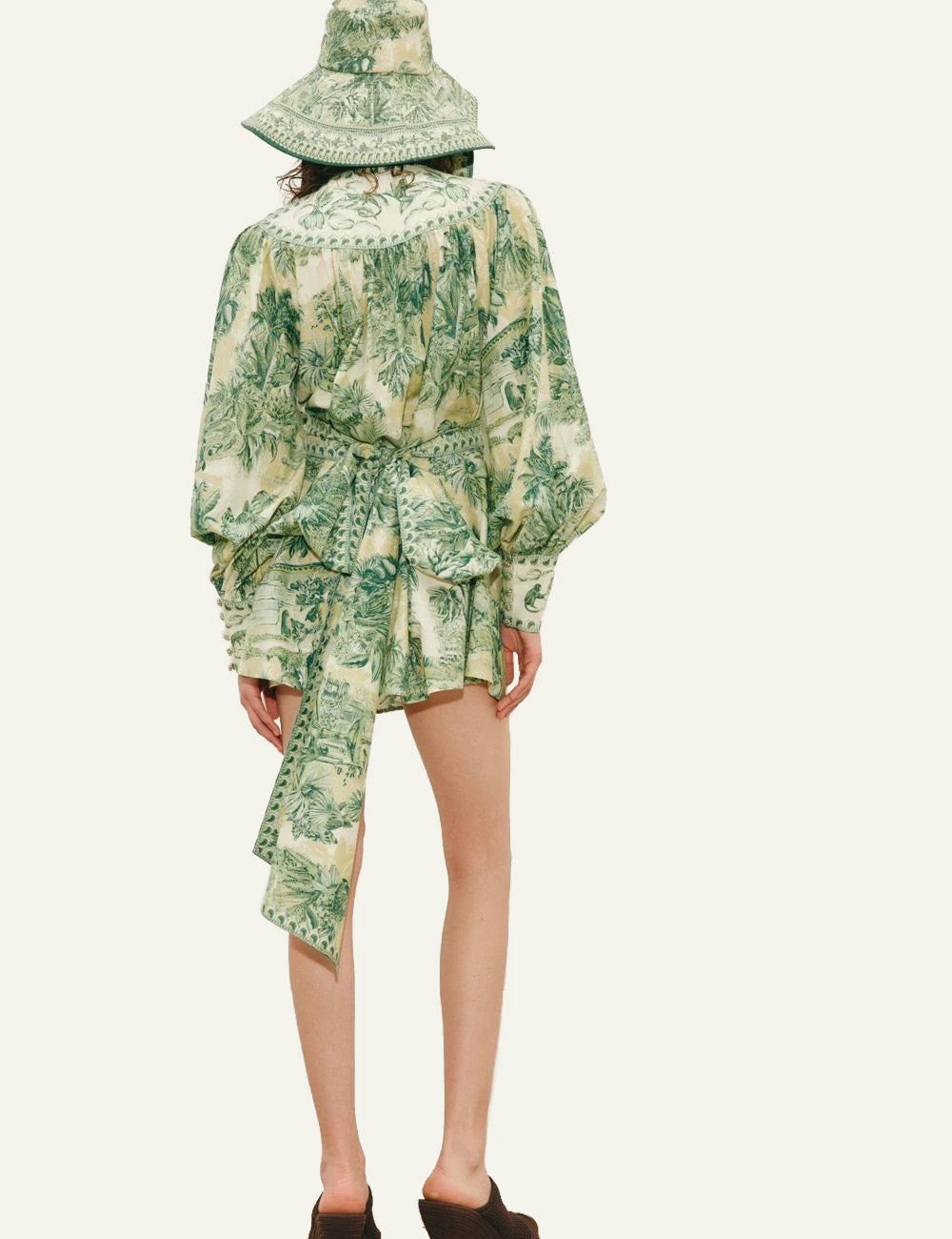 Alemais mini dress green tropical print long sleeve back view