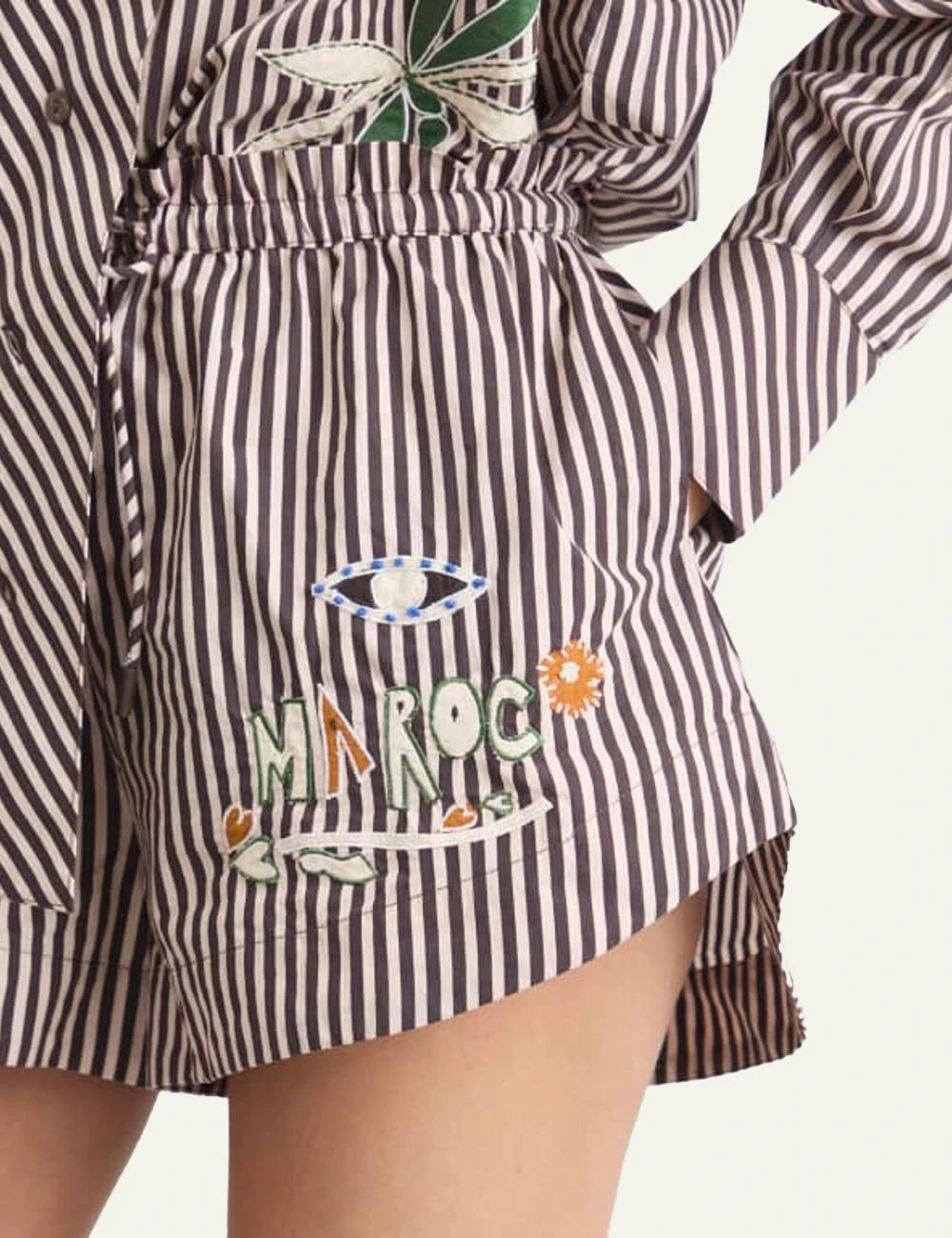 Alemais striped shorts embroidered motifs brown white front detail view