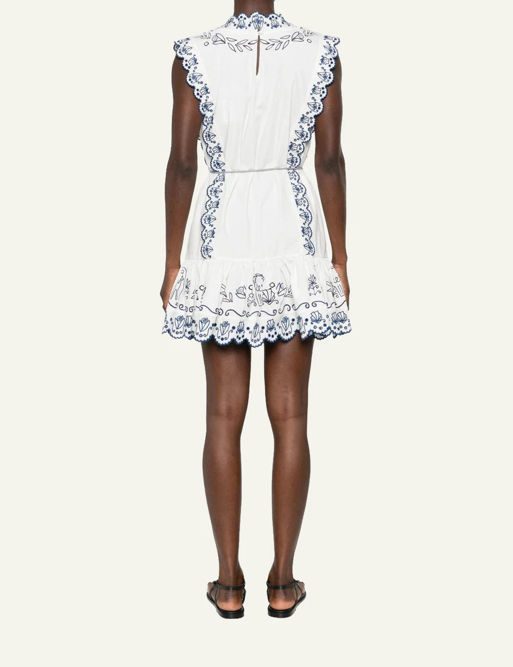 Alemais white mini dress blue embroidery scalloped edges back view