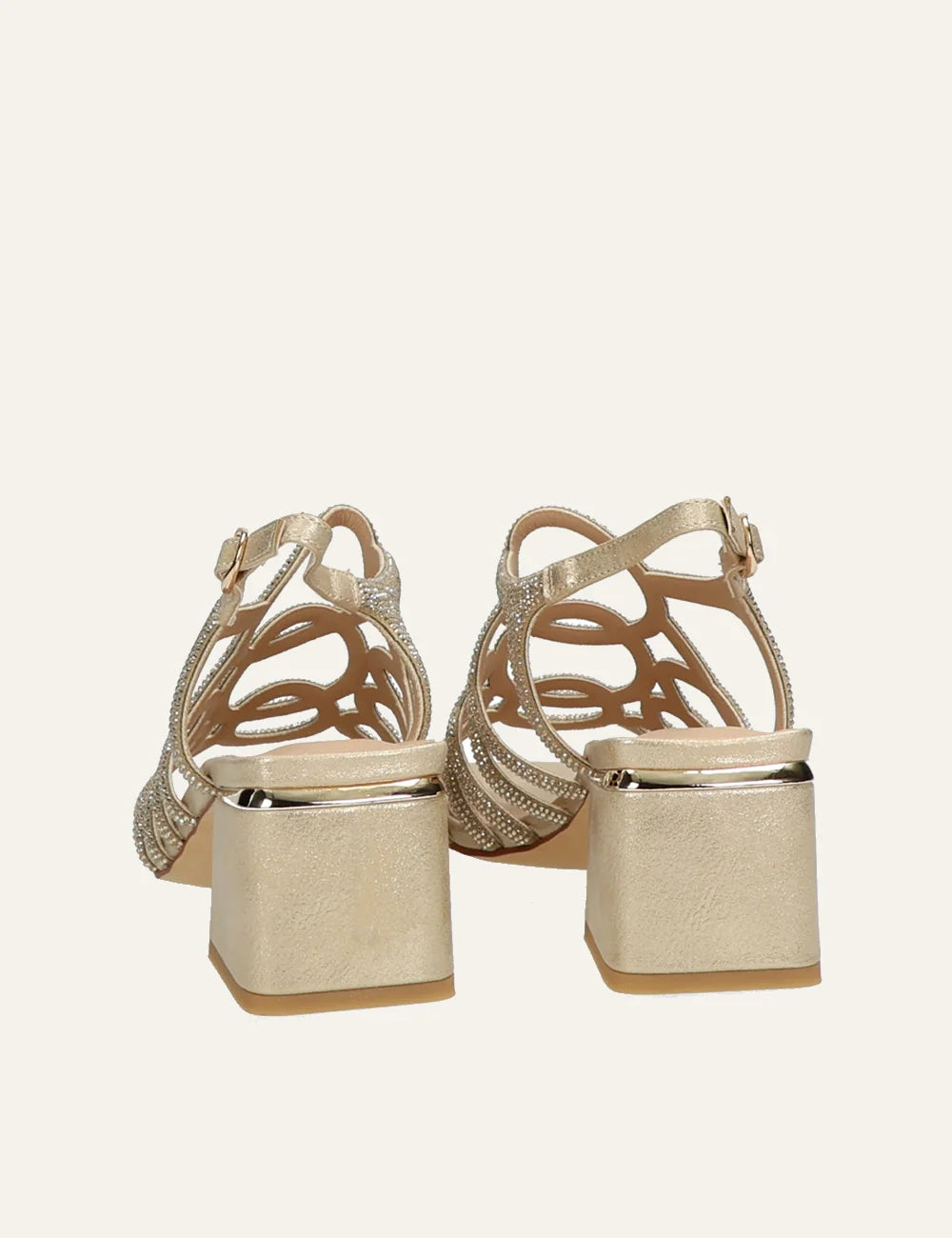 alma en pena gold rhinestone cage sandals block heel back view