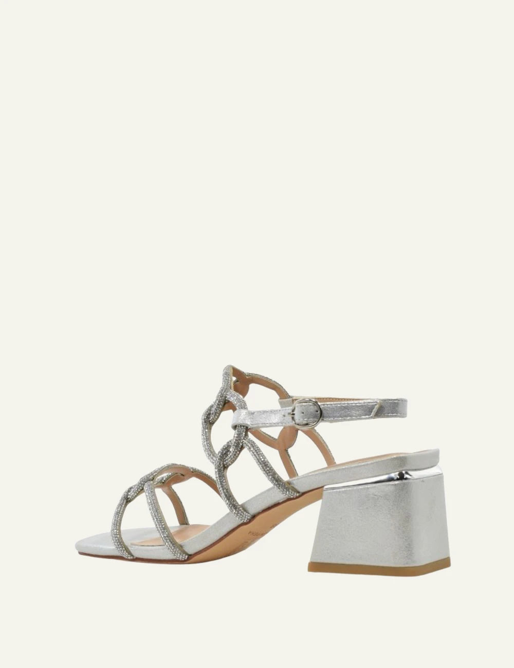Alma En Pena Sara silver heeled sandals strass straps block heel profile view